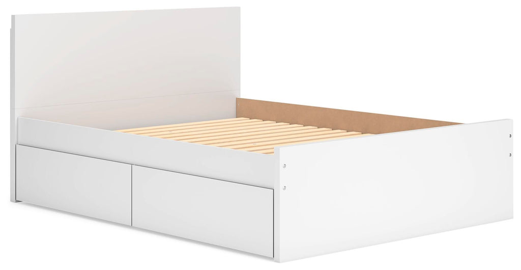 White panel platform bed with two front drawers and visible slat support
