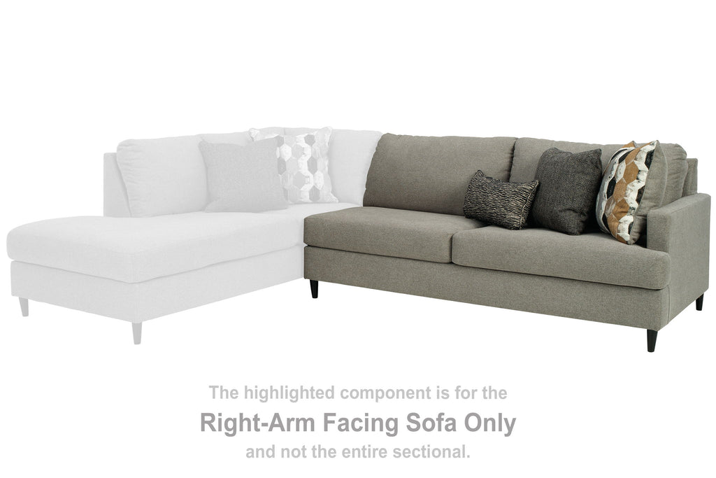 Dark gray right-arm sectional sofa with chaise, dark legs, and decorative pillows