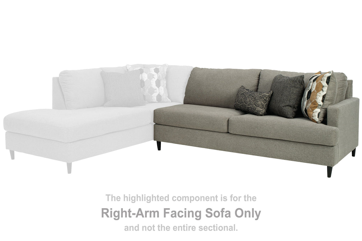 Dark gray right-arm sectional sofa with chaise, dark legs, and decorative pillows