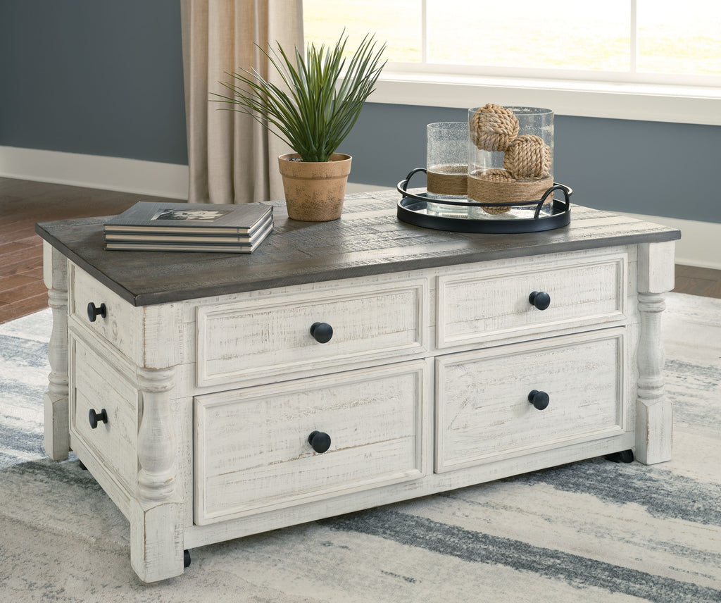 Lift-top cocktail table with storage drawers, white cabinet and gray tabletop