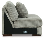 Fog armless chair with gray ribbed fabric, two back pillows, low dark base