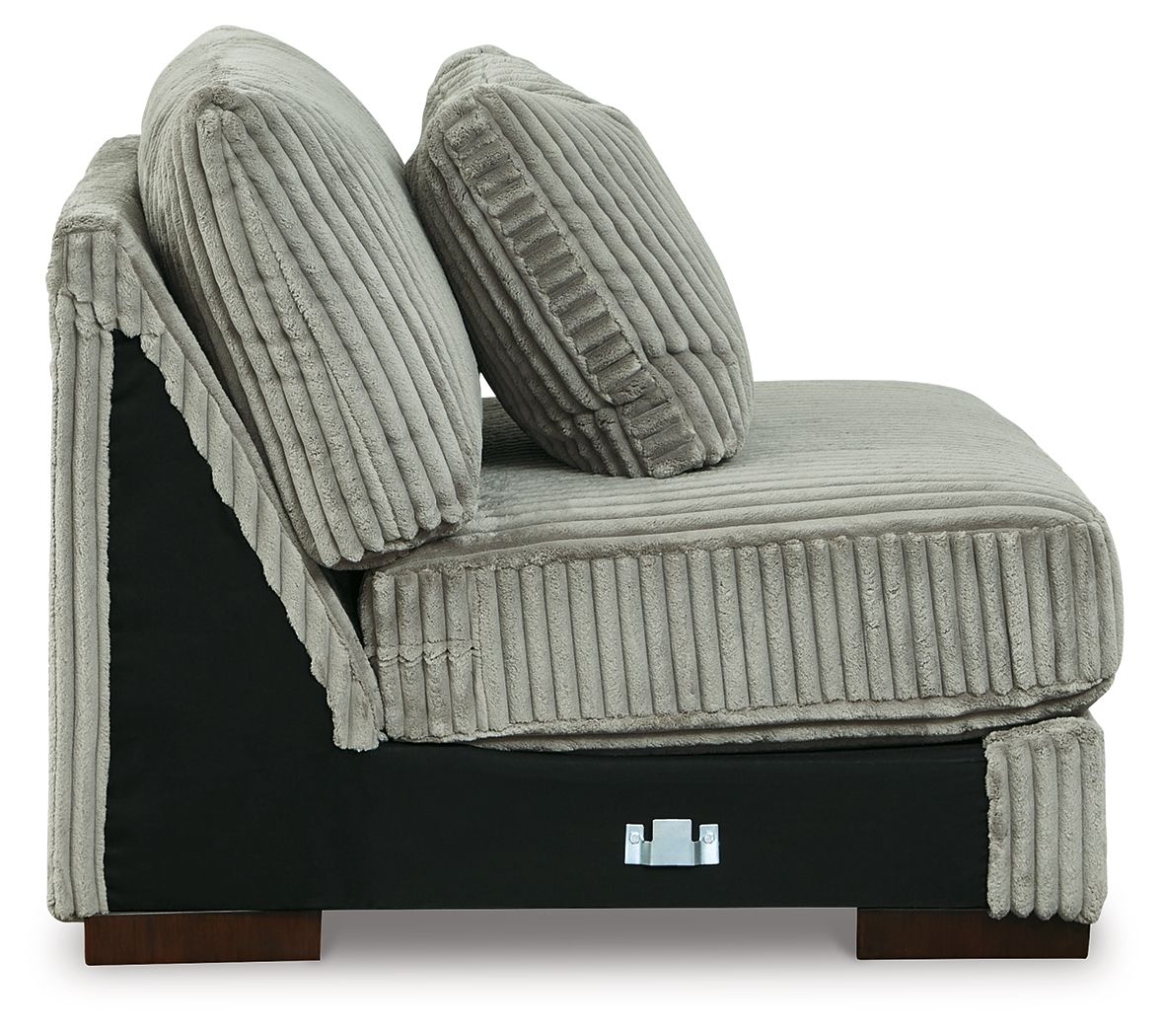 Fog armless chair with gray ribbed fabric, two back pillows, low dark base
