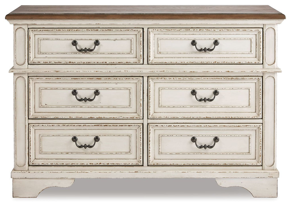 Two-tone dresser with six drawers and dark metal cup handles, front view.
