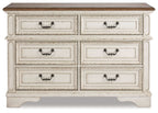 Two-tone dresser with six drawers and dark metal cup handles, front view.