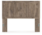 Light brown panel headboard with raised wood grain and metal mounting brackets