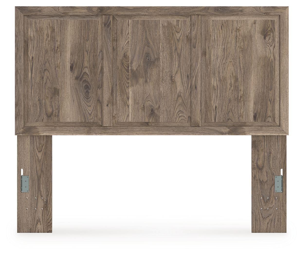 Light brown panel headboard with raised wood grain and metal mounting brackets