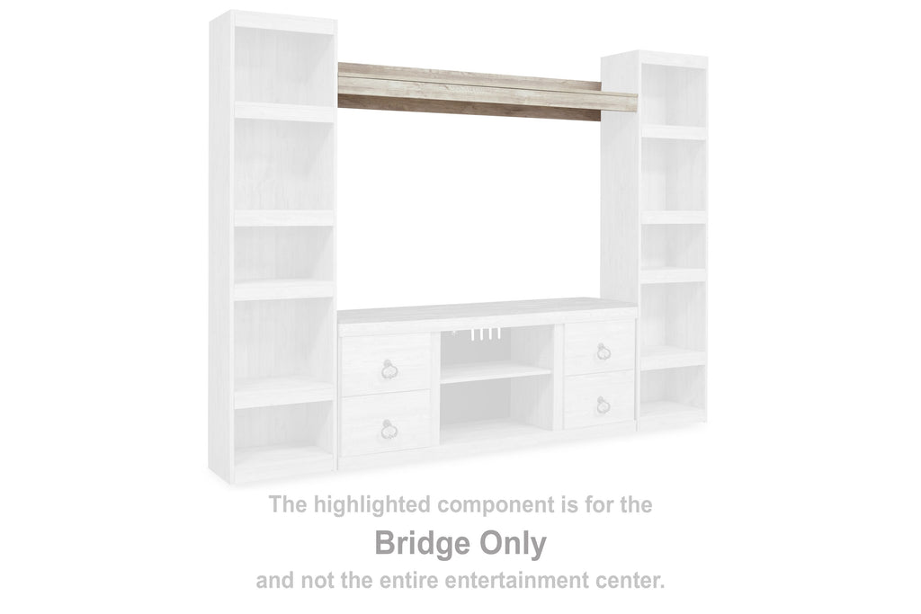 Whitewash bridge shelf unit with central open section and side cubbies