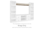 Whitewash bridge shelf unit with central open section and side cubbies