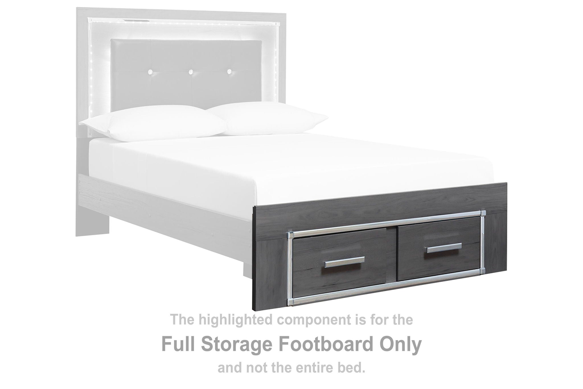 Gray storage footboard with two pull-out drawers along the front