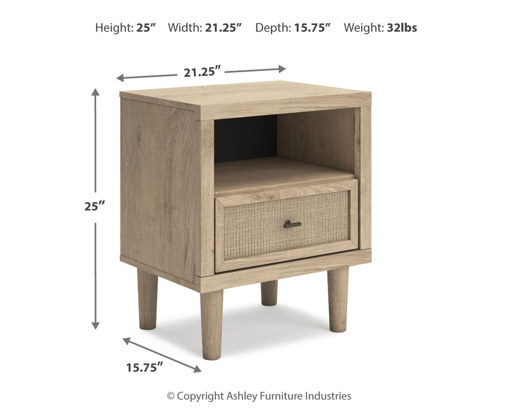 Two-tone one-drawer night stand with open shelf and woven drawer