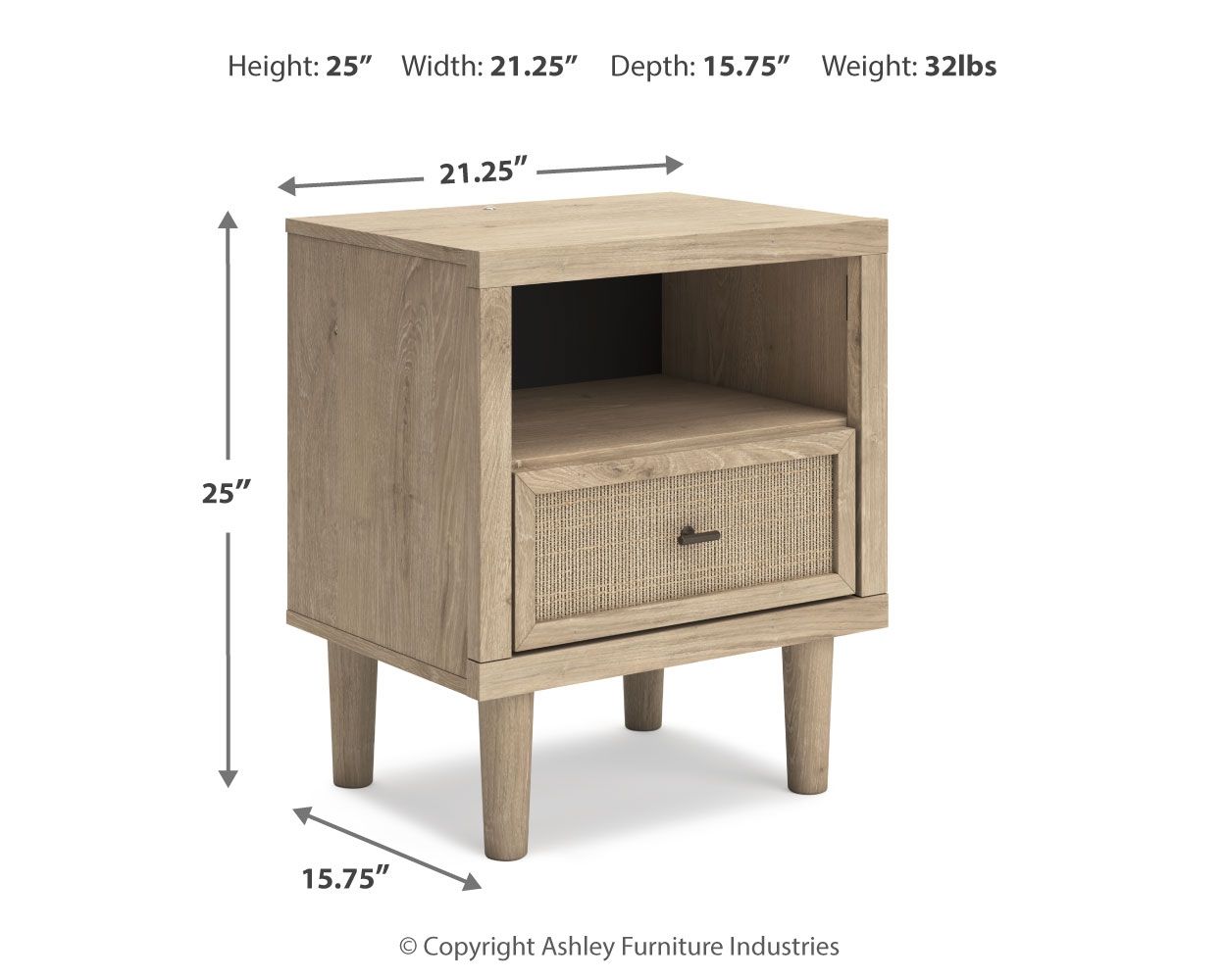 Two-tone one-drawer night stand with open shelf and woven drawer
