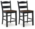 Set of 2 barstools with black ladder-back frames and brown square wooden seats