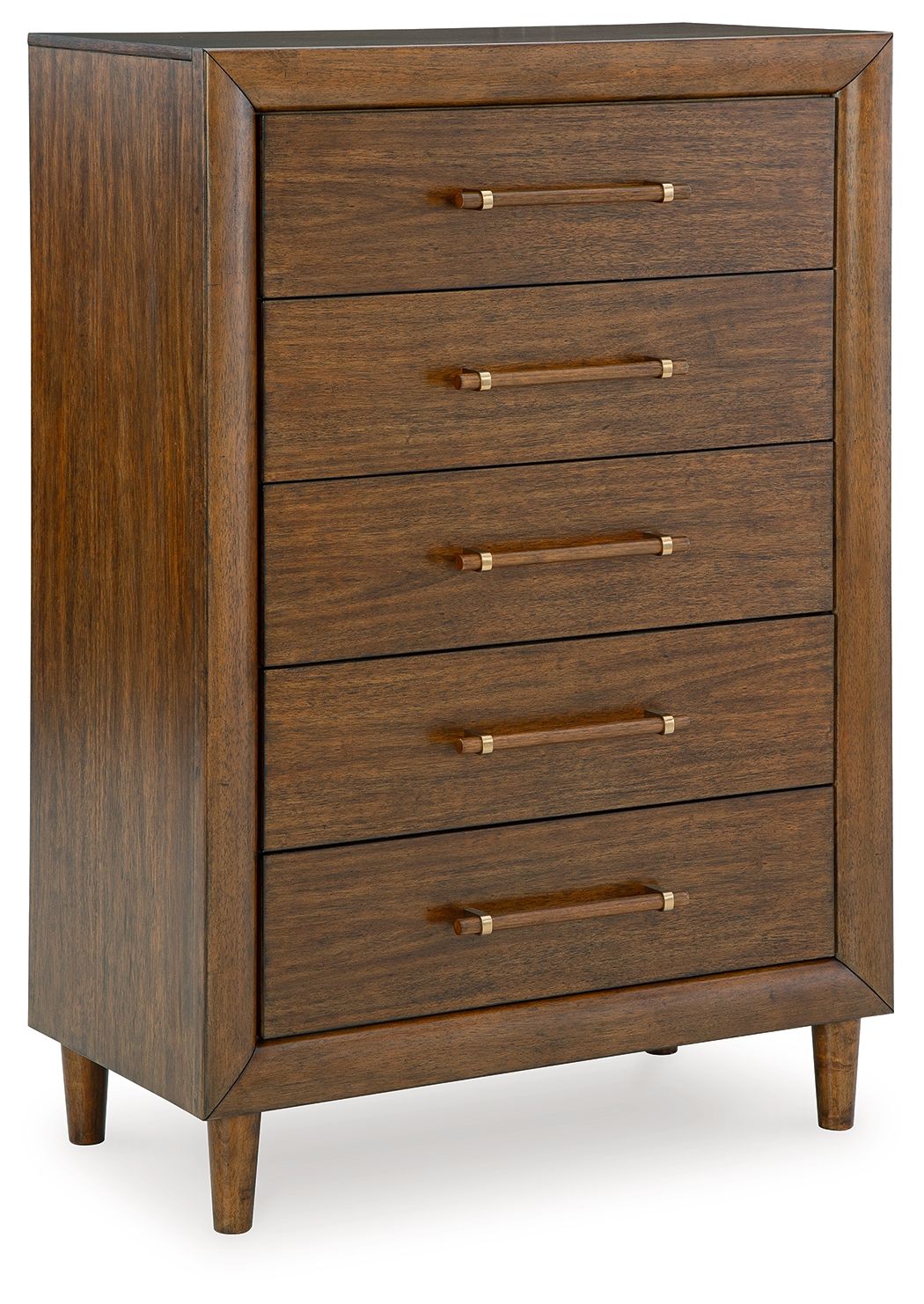 Lyncott brown five-drawer chest with bar pulls and tapered wooden legs