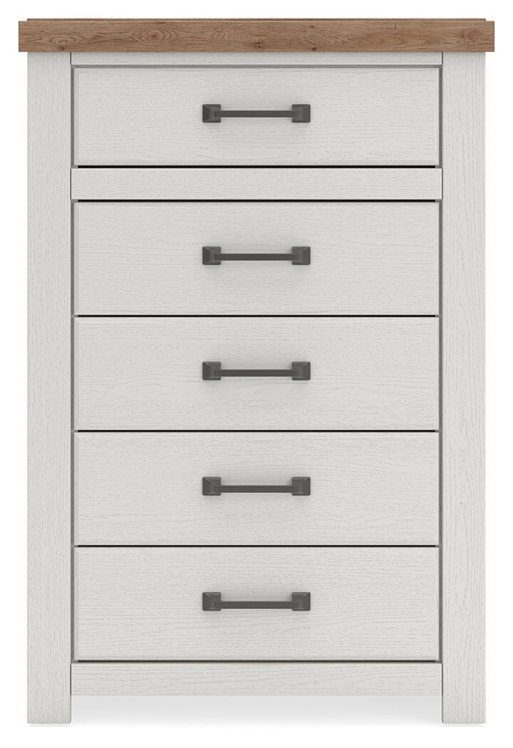 White five-drawer chest with brown top and dark metal bar pulls