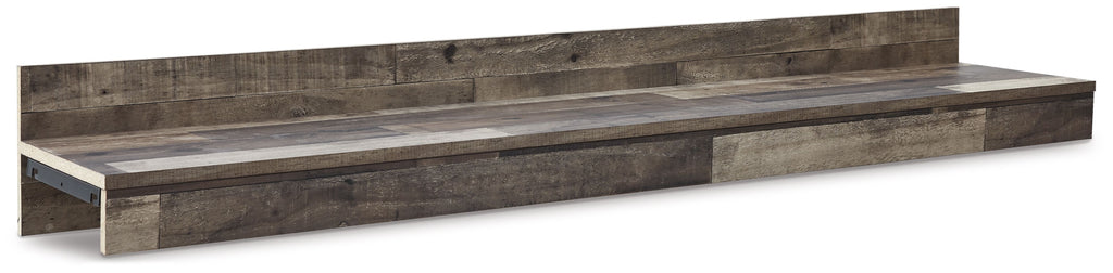 Multi gray bridge shelf unit with long tabletop and stacked support blocks