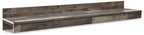 Multi gray bridge shelf unit with long tabletop and stacked support blocks