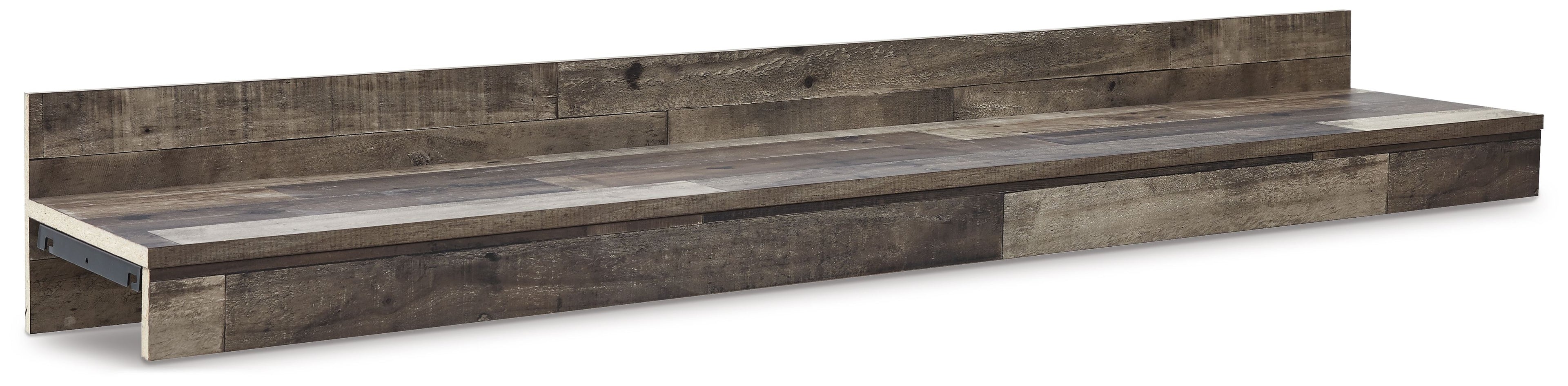 Multi gray bridge shelf unit with long tabletop and stacked support blocks