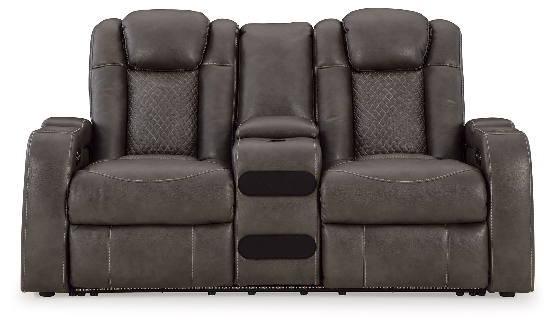 Dark gray power reclining loveseat with center console and squared padded armrests