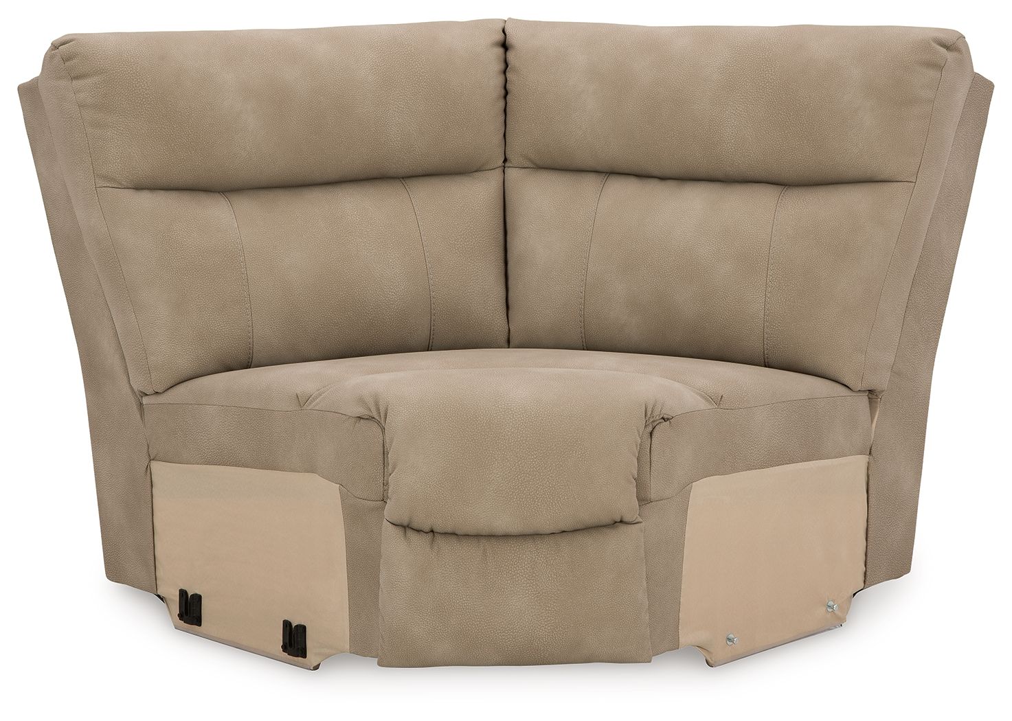 Sand-colored wedge sofa with padded arms and button-tufted back