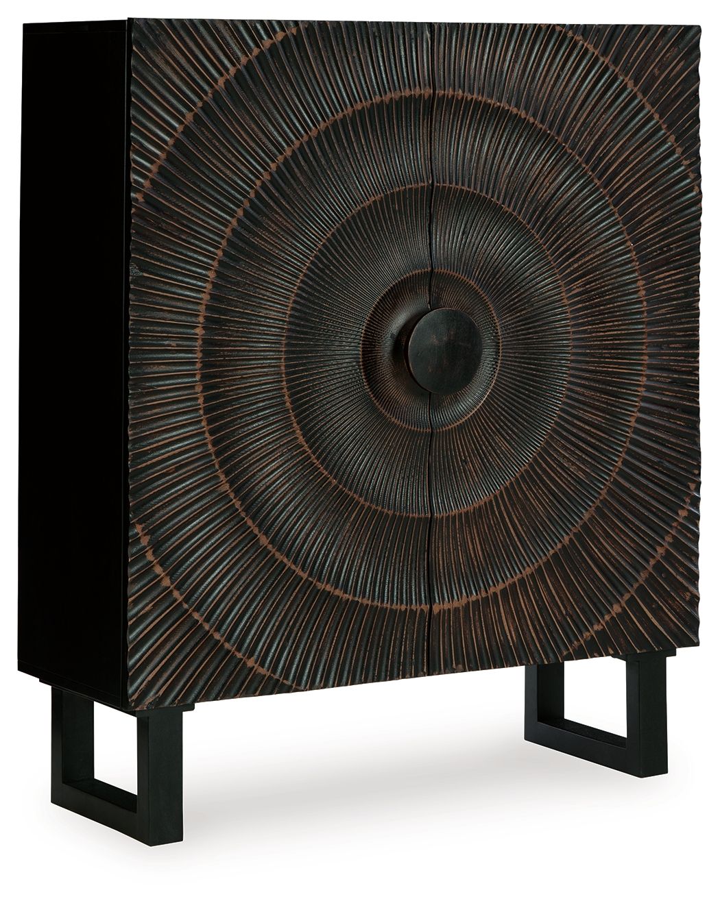 Distressed black accent cabinet with circular radiating metal door panel