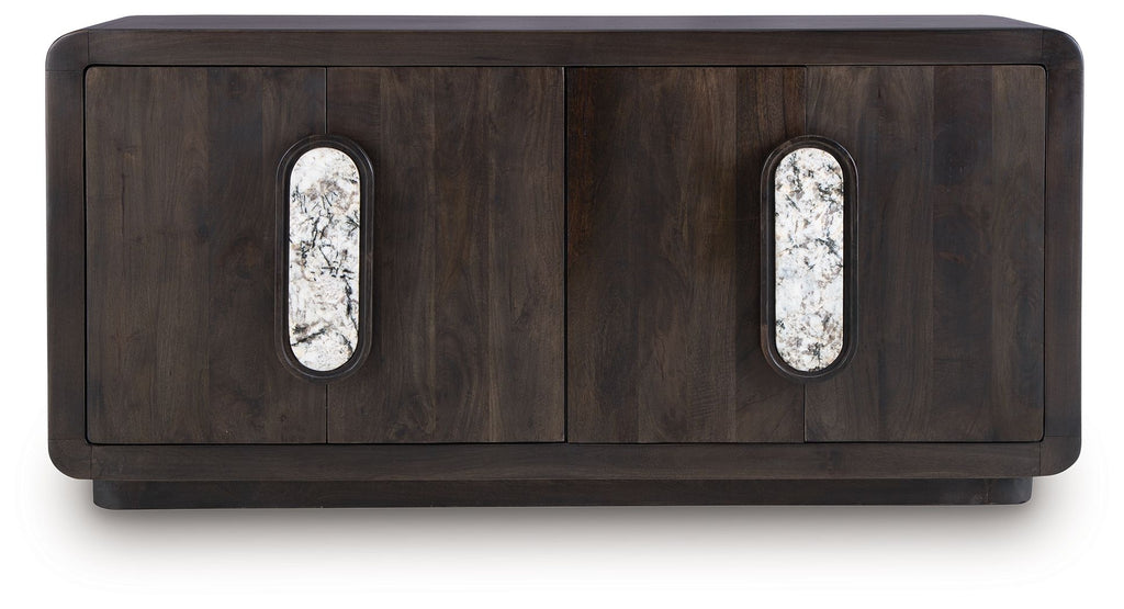 Espresso brown accent cabinet front with two oval glass insets