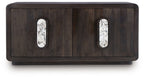 Espresso brown accent cabinet front with two oval glass insets