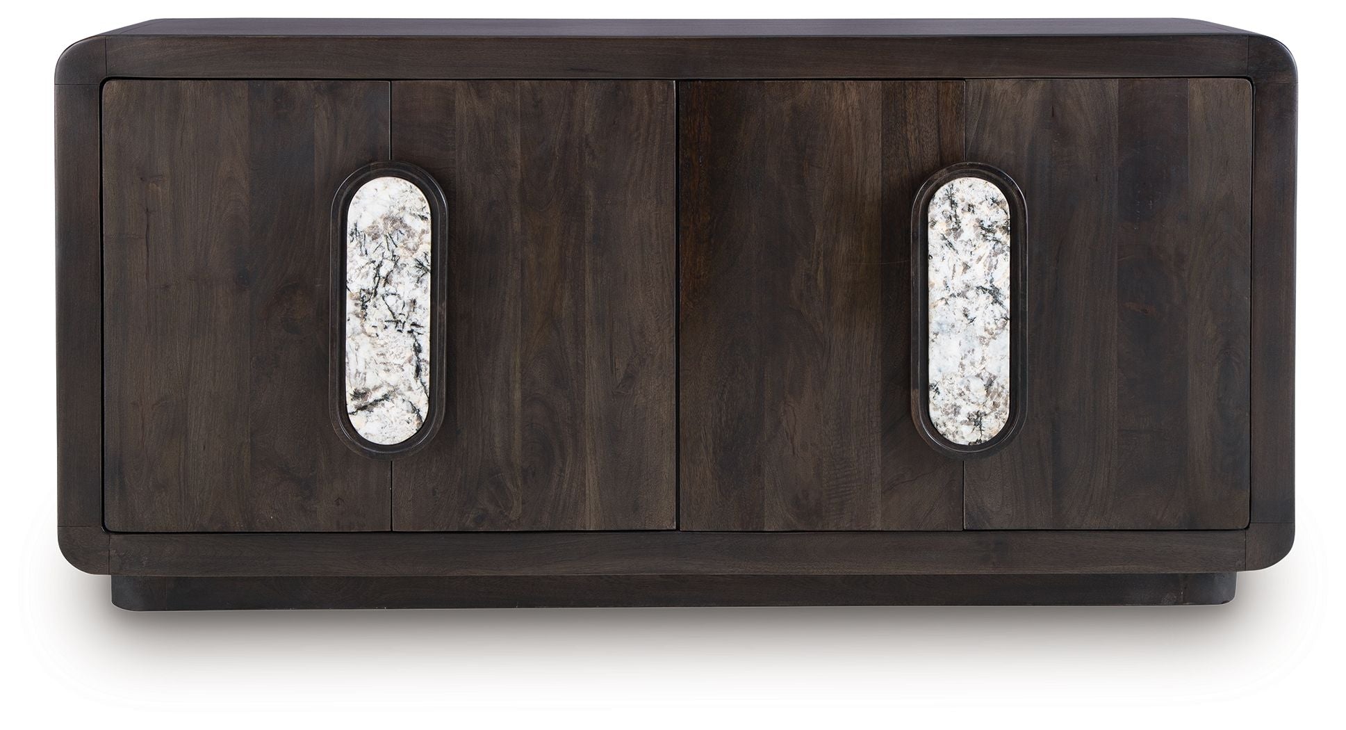 Espresso brown accent cabinet front with two oval glass insets