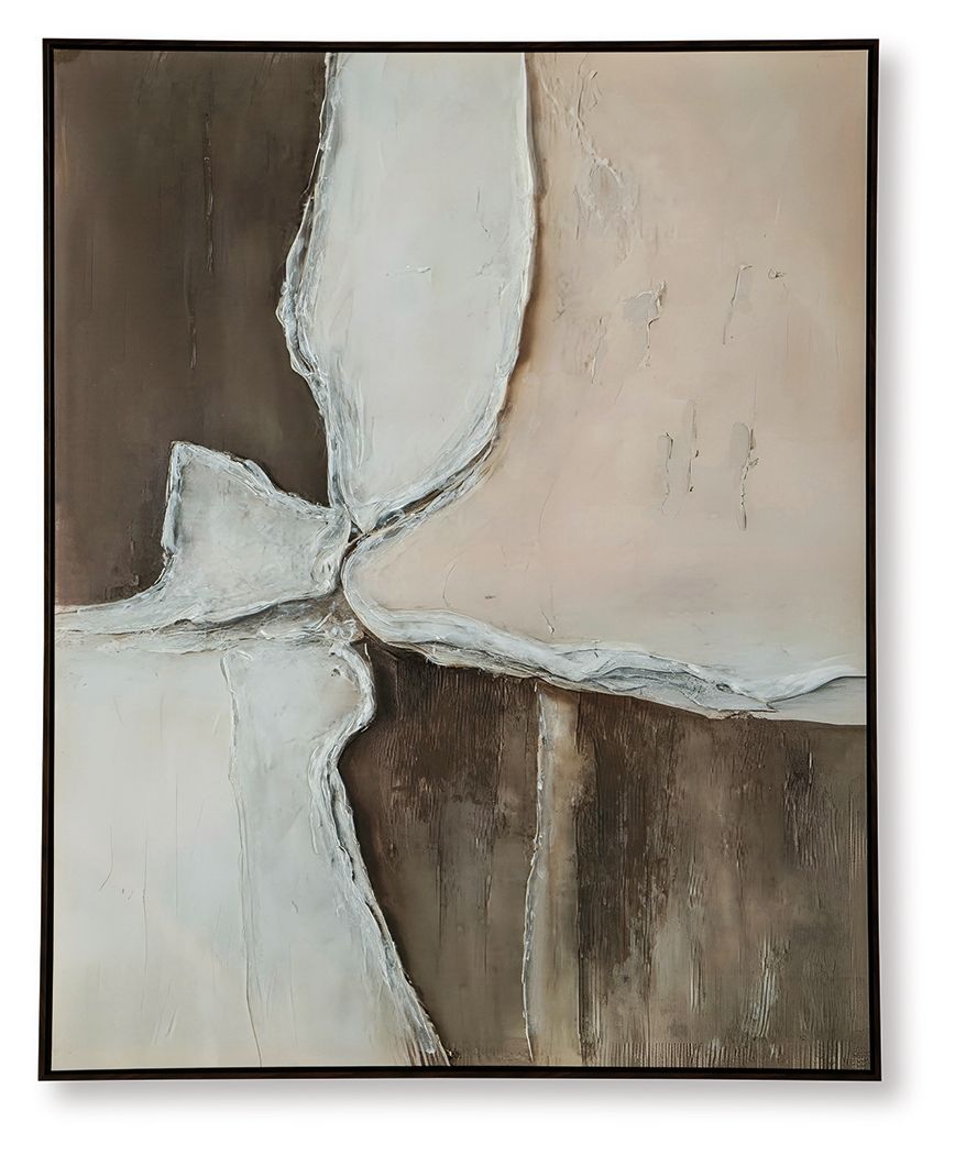 Junward abstract framed wall art with white, tan, and dark brown textured strokes