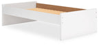 White platform bed with open side storage compartment and tan slatted mattress base