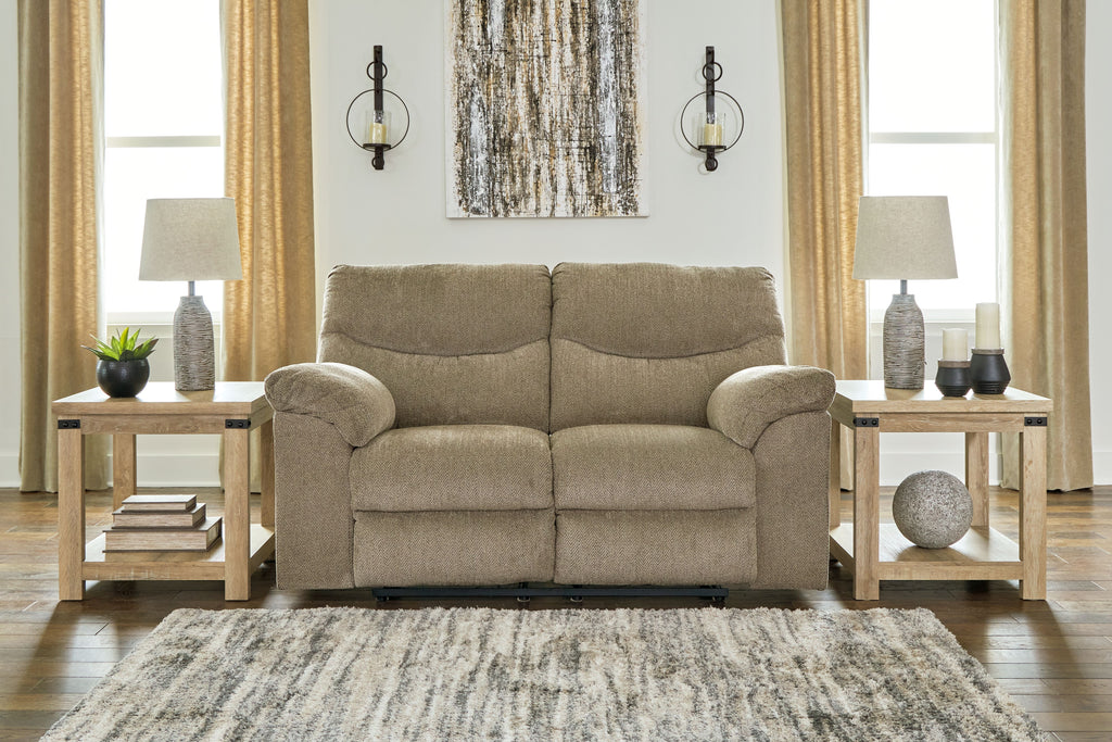Reclining loveseat in beige fabric with plush arms and two back cushions