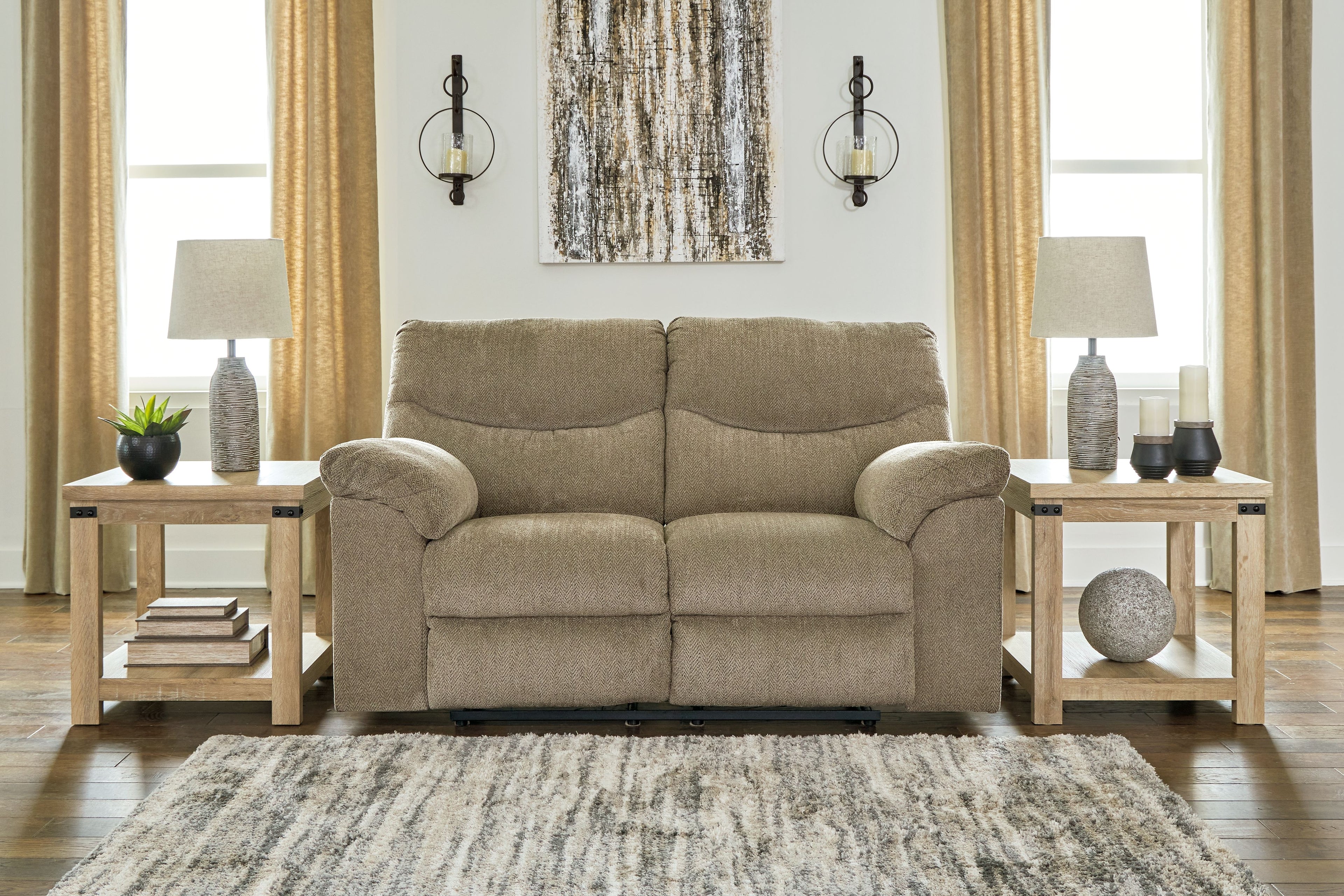 Reclining loveseat in beige fabric with plush arms and two back cushions