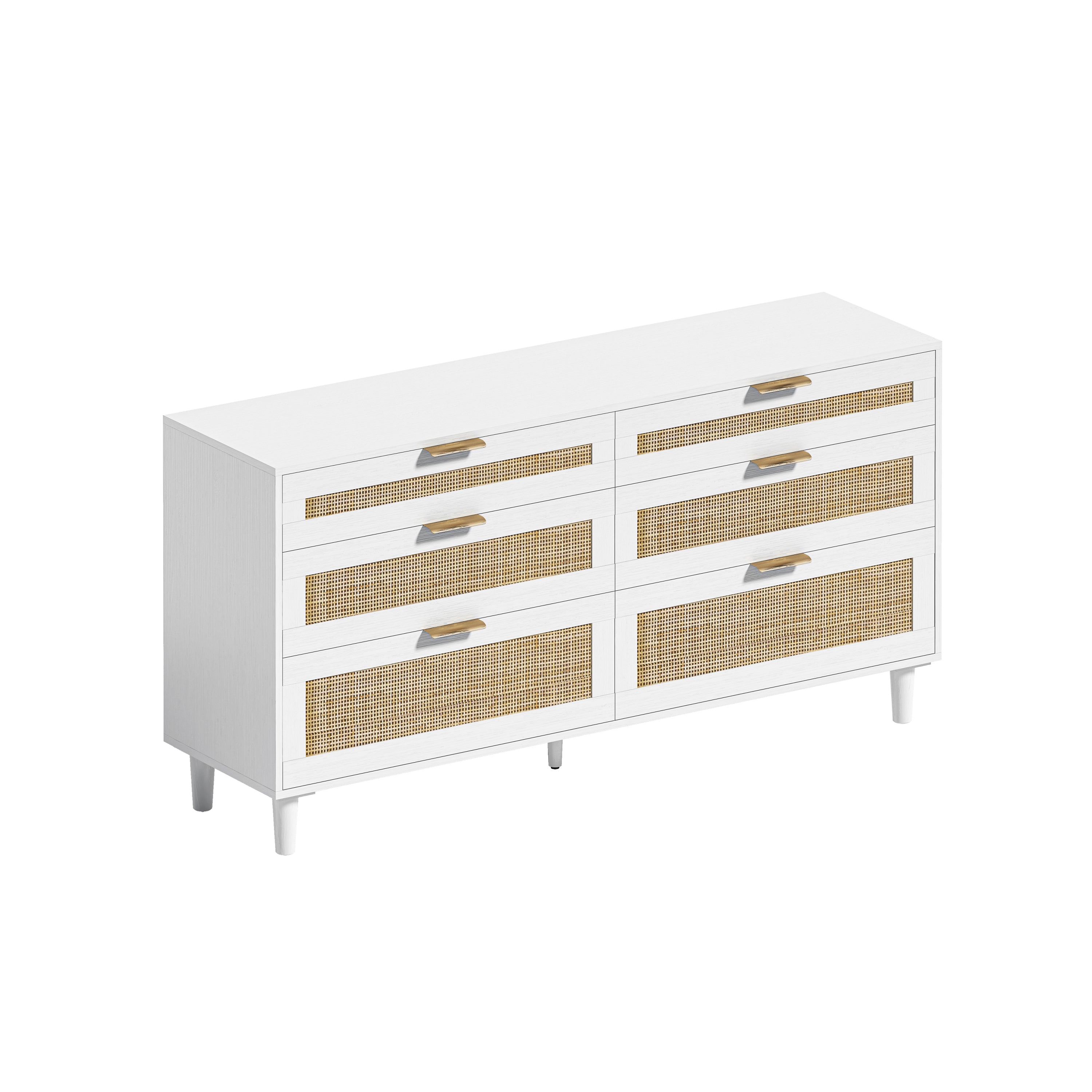 White Rattan Dresser, 59" 6-Drawer Bedroom Storage Cabinet