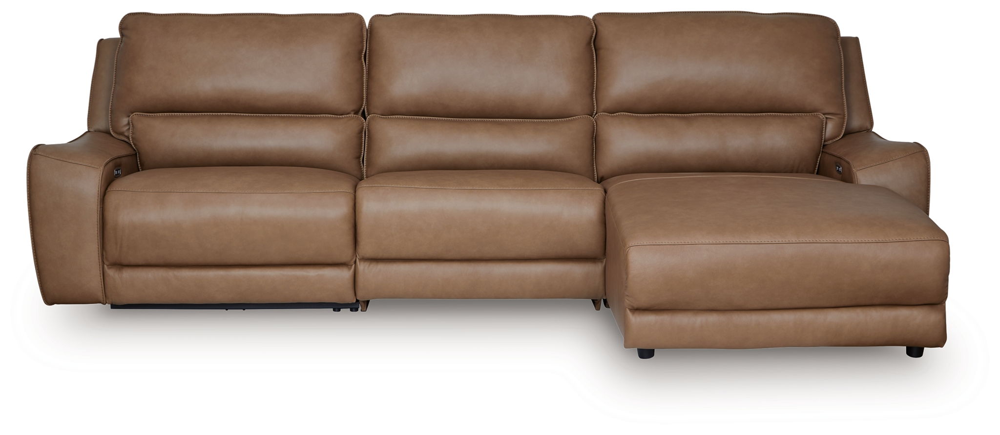 Power reclining sectional sofa with chaise ottoman in medium brown leather