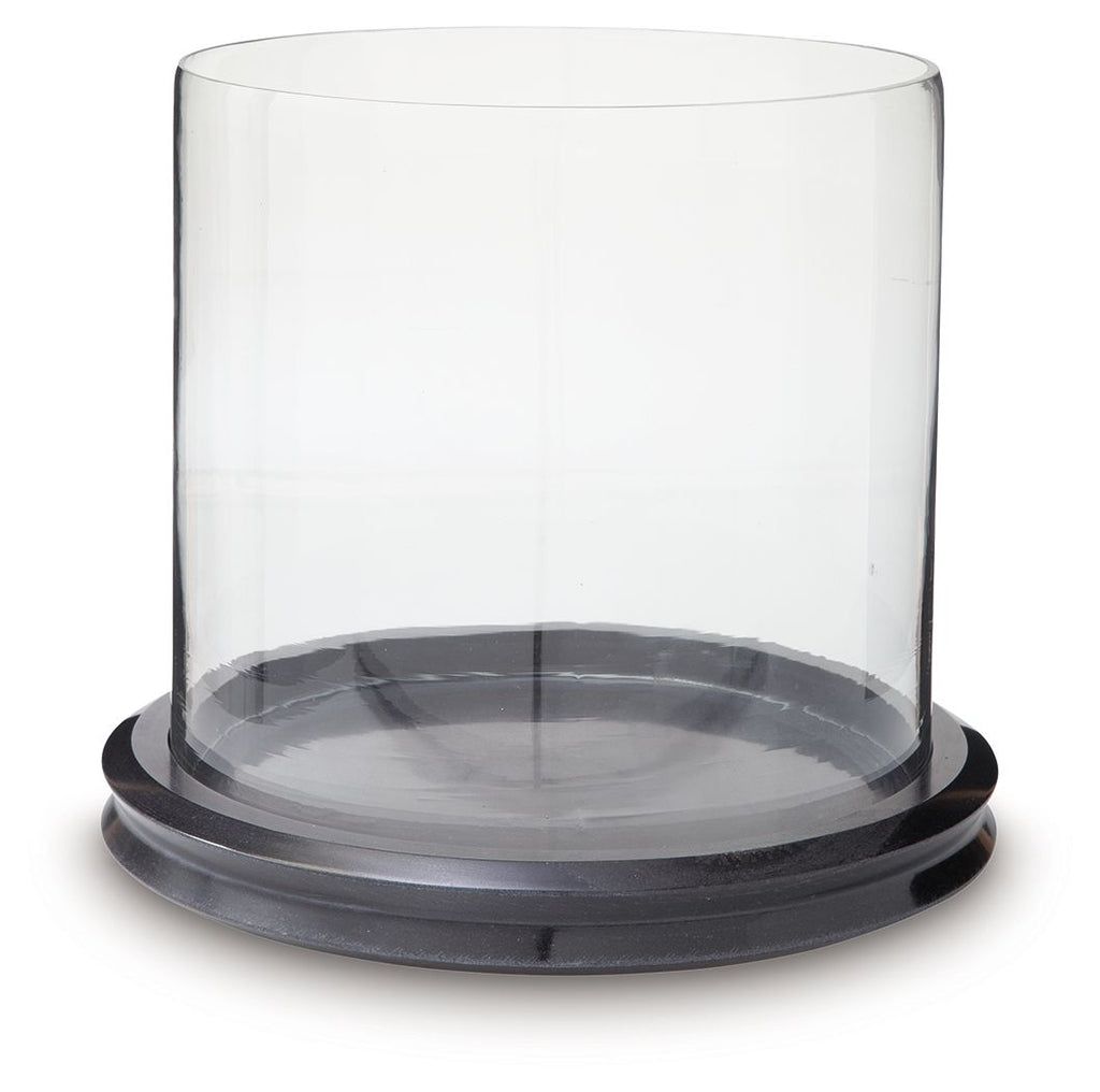 Glass cylinder candle holder with dark base and open top