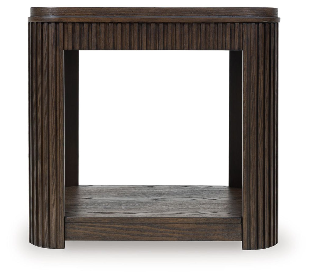 Dark brown rectangular table with slatted frame and open lower shelf, vertical slat detailing.