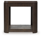 Dark brown rectangular table with slatted frame and open lower shelf, vertical slat detailing.