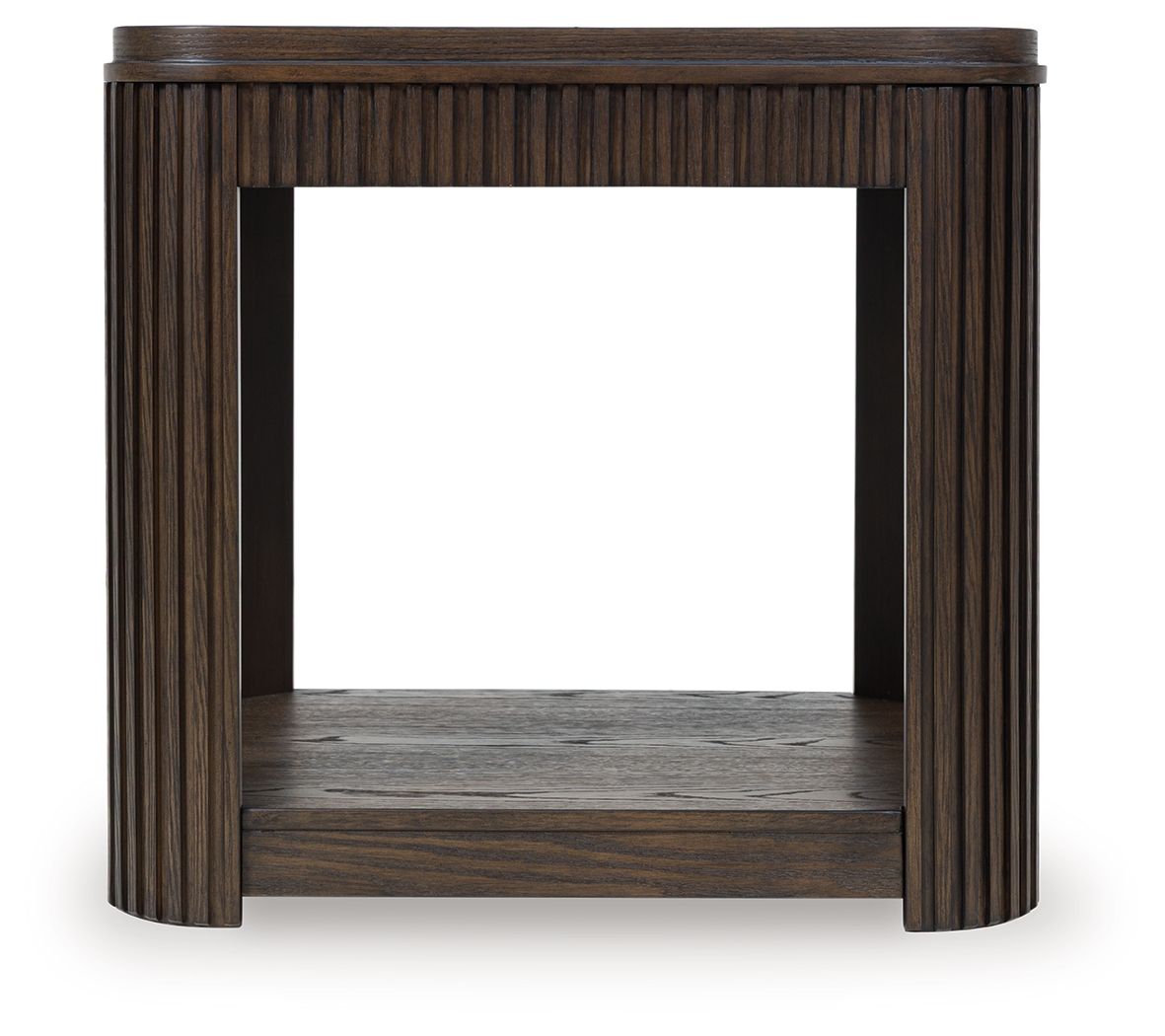 Dark brown rectangular table with slatted frame and open lower shelf, vertical slat detailing.