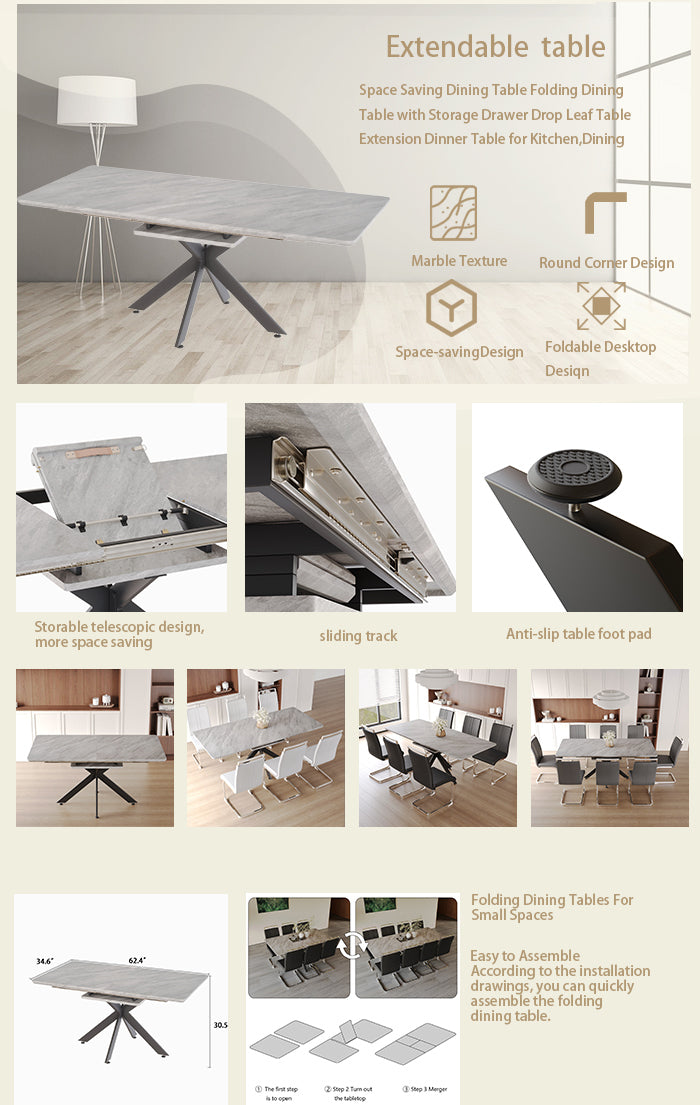 62" Extendable Dining Table Set for 6-8 People