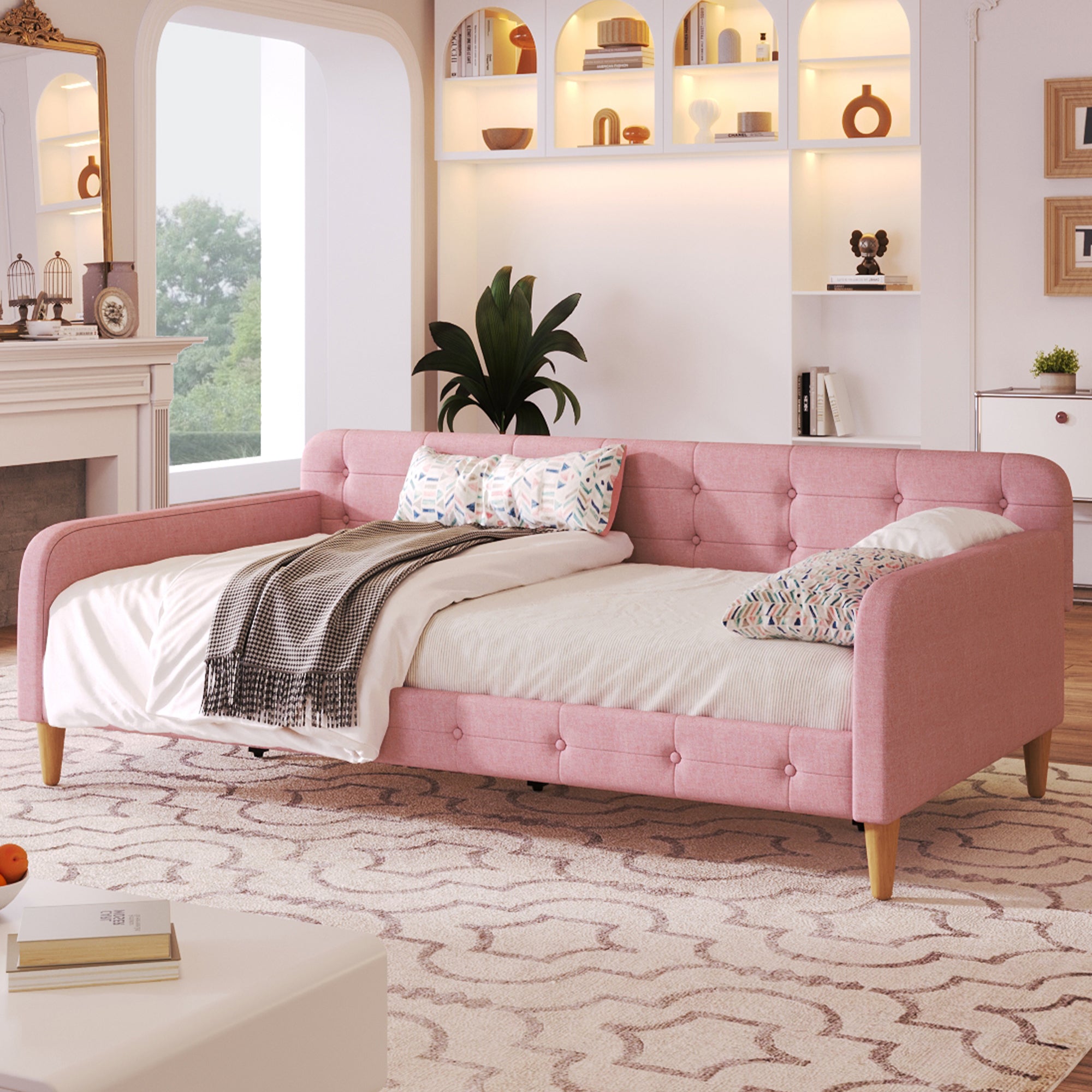 Twin Size Upholstered Daybed with 4 Legs - Rubine Color
