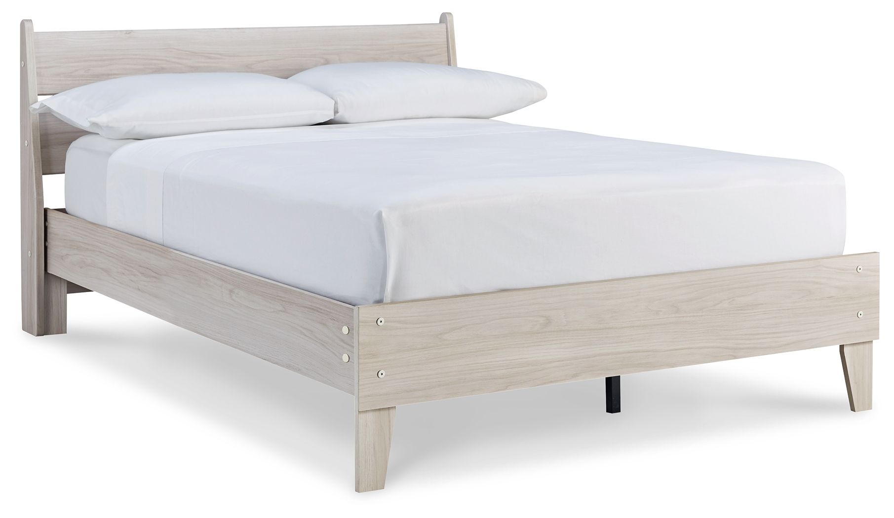 Light wood panel platform bed with white bedding and visible corner posts