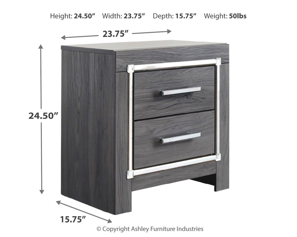 Gray two-drawer night stand side view with chrome bar pulls and metal frame