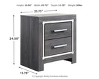 Gray two-drawer night stand side view with chrome bar pulls and metal frame