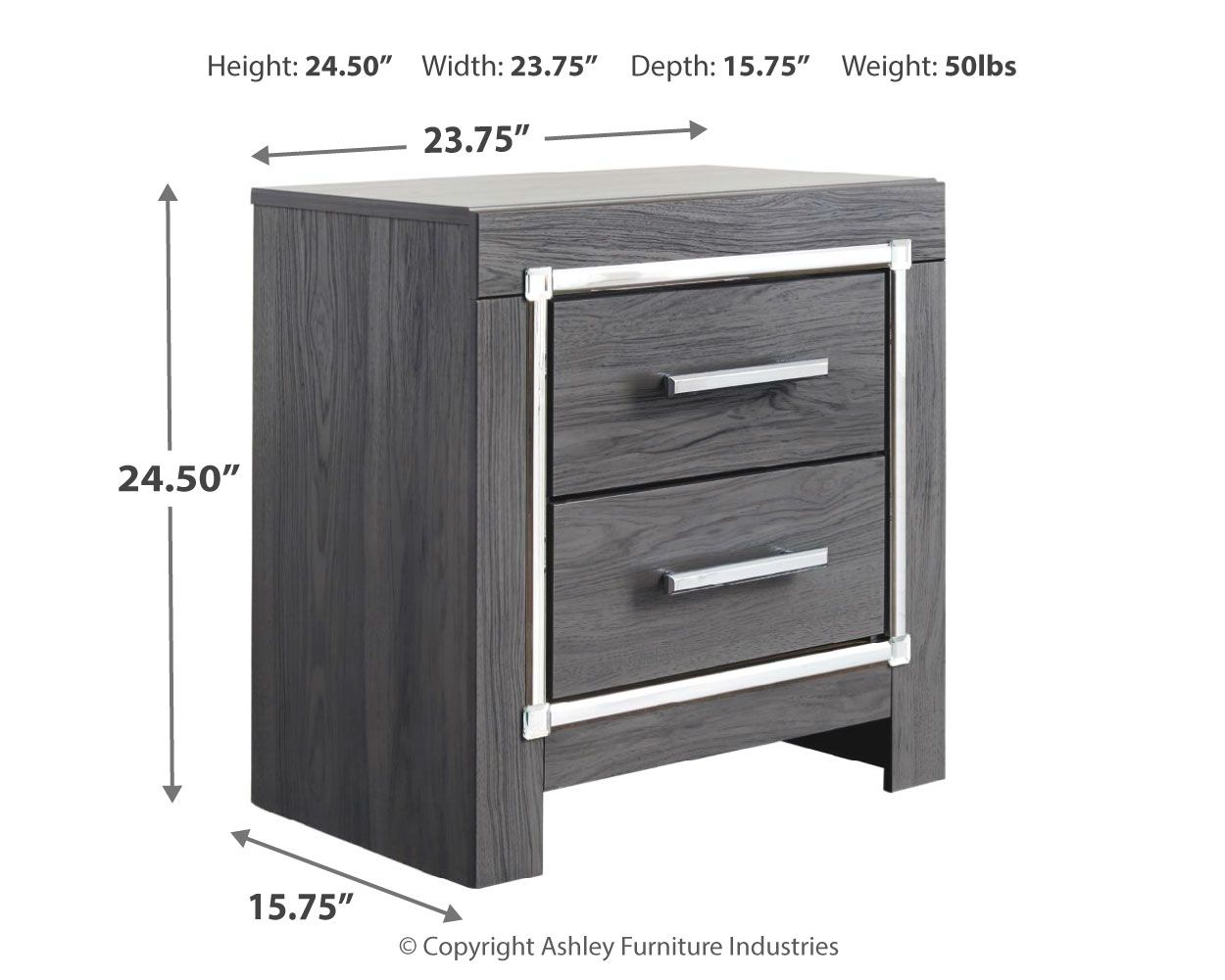 Gray two-drawer night stand side view with chrome bar pulls and metal frame