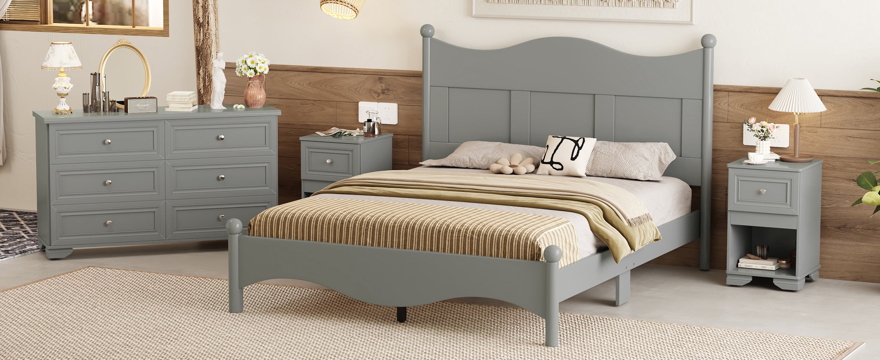 Retro Bedroom Set - Queen Bed, Nightstand, Dresser