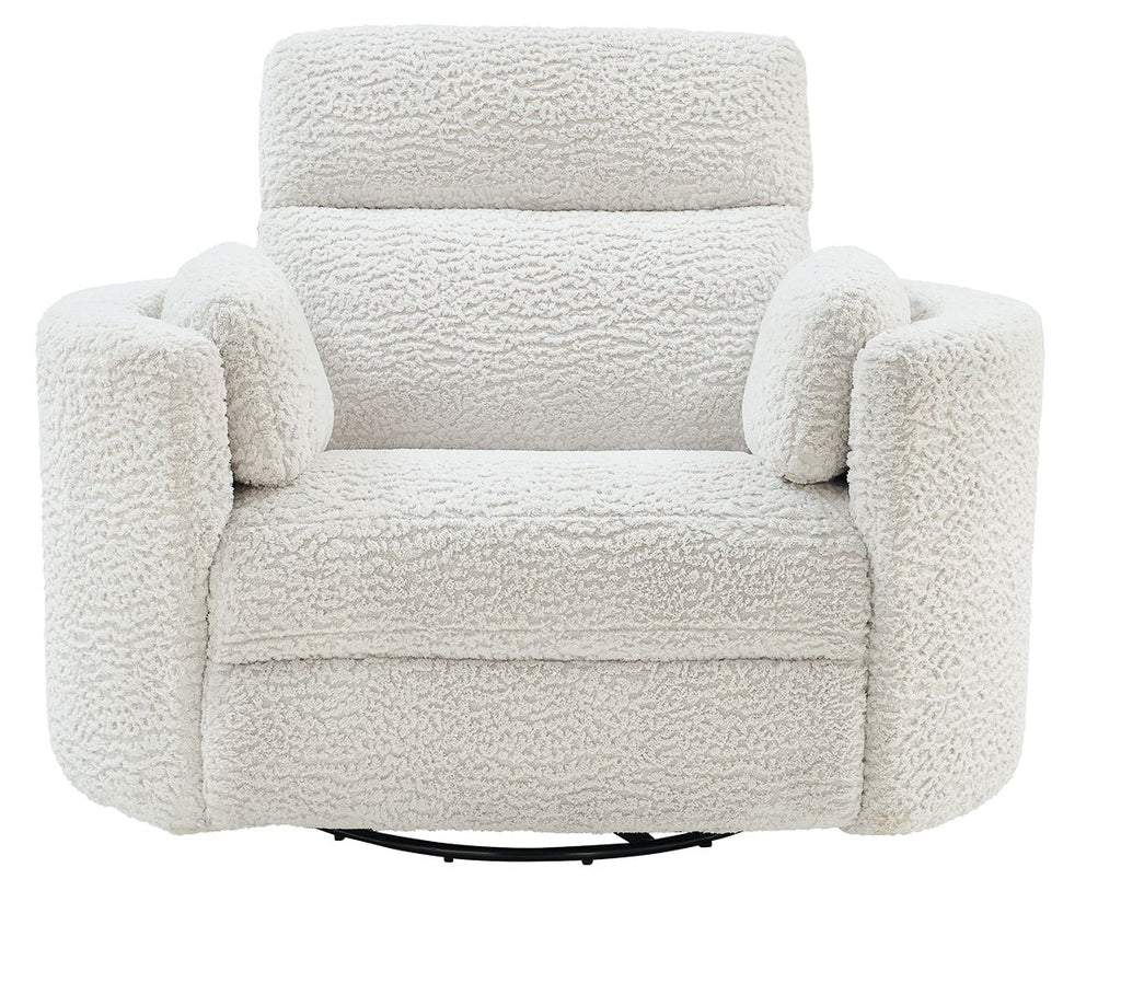 Swivel glider recliner chair in light cream with wide arms and cushioned backrest