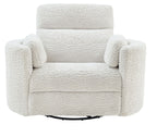 Swivel glider recliner chair in light cream with wide arms and cushioned backrest