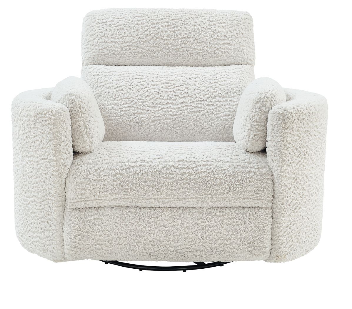 Swivel glider recliner chair in light cream with wide arms and cushioned backrest