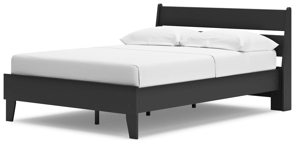 Black panel platform bed with straight frame and white upholstered mattress