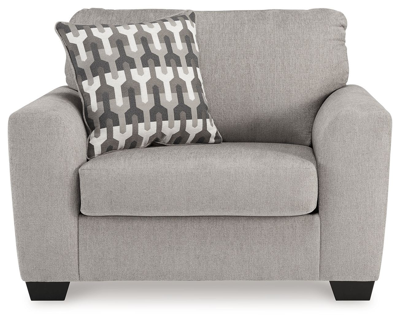 Gray flannel chair and a half with patterned square throw pillow and rounded arms