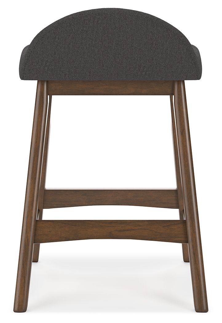 Upholstered barstool with dark gray fabric seat and back, wooden legs